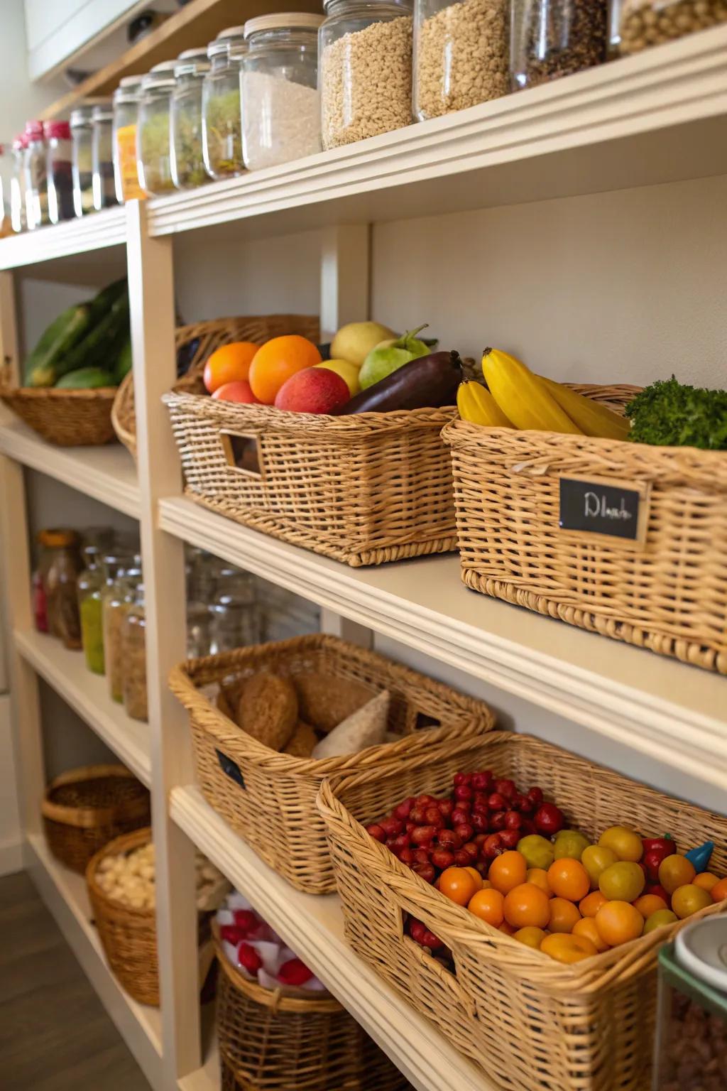 A pantry shelf organized with woven baskets for natural texture.