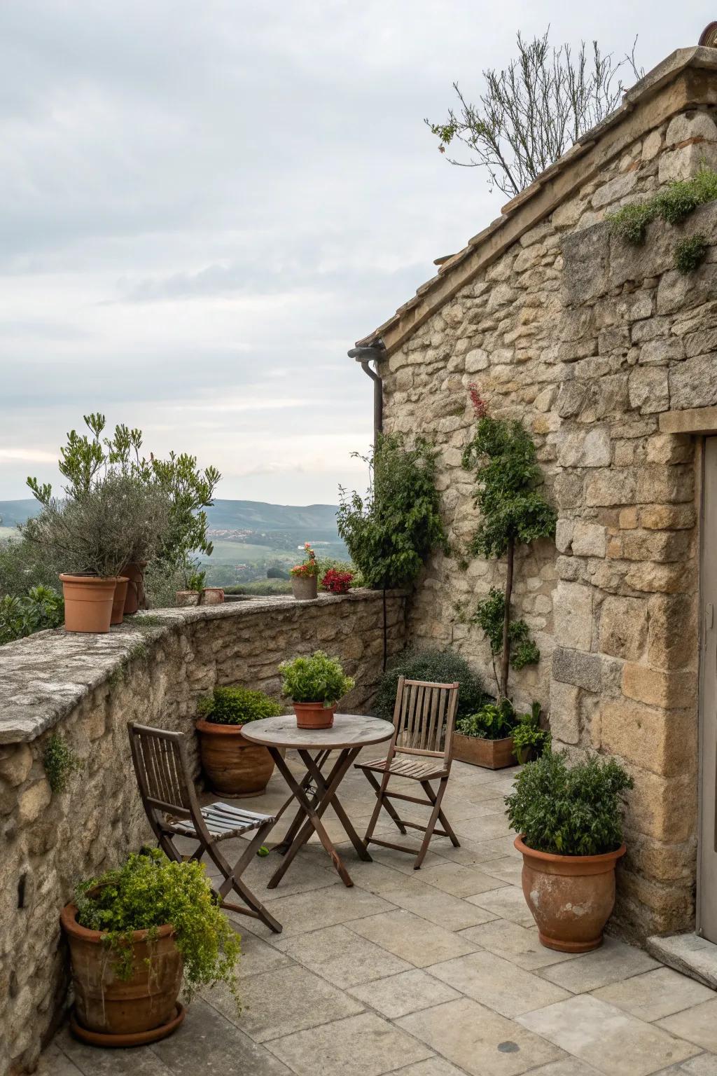 A classic stone wall enhances the rustic charm of the patio.