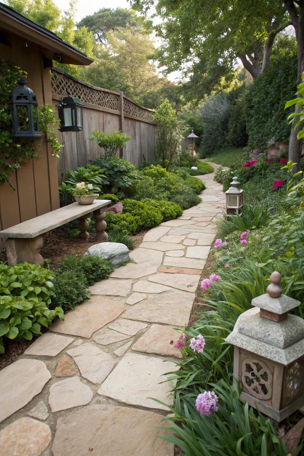 A serene sandstone walkway to a tranquil meditation spot.