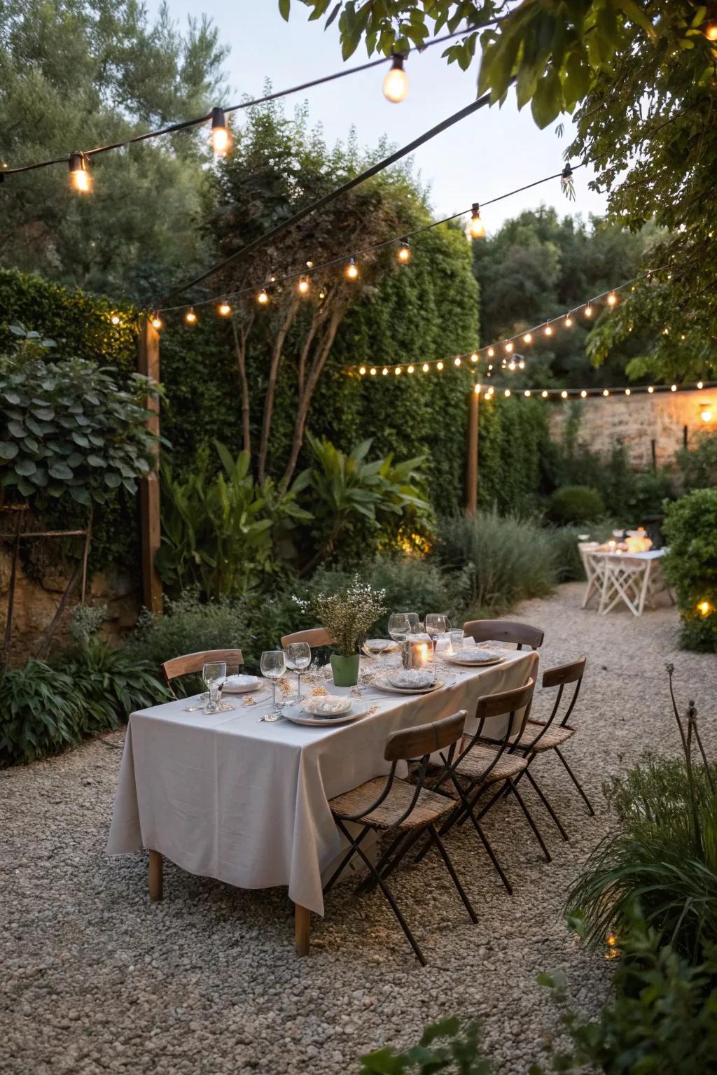 Chic outdoor dining under twinkling lights.