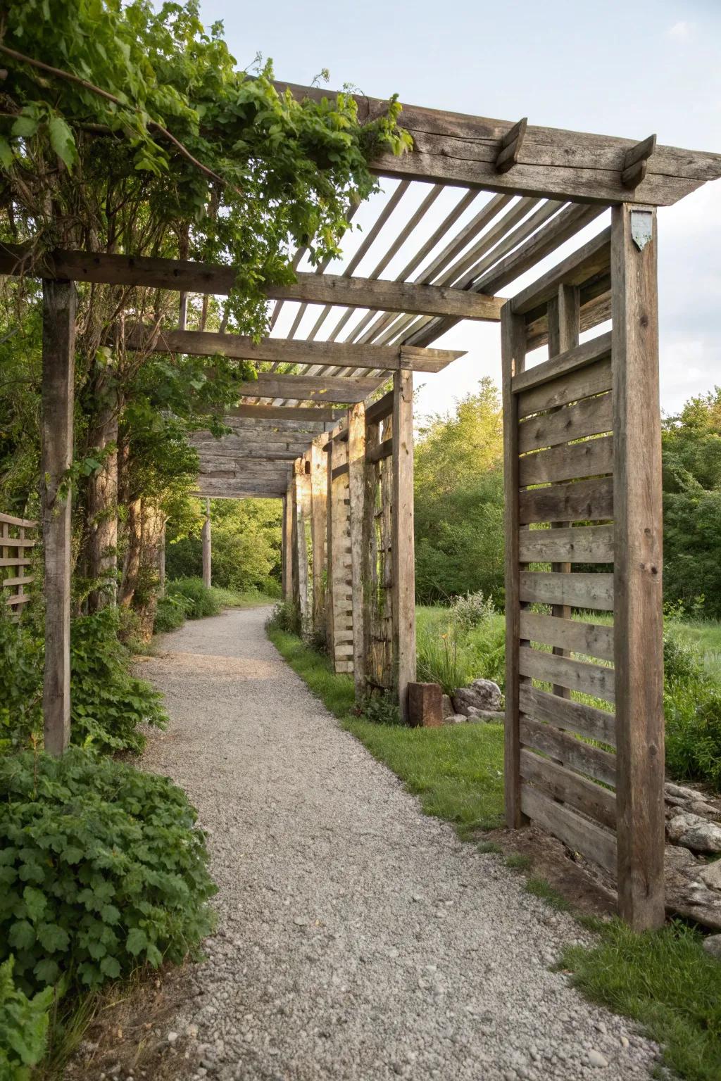 Reclaimed wood panels add warmth and history to outdoor spaces.