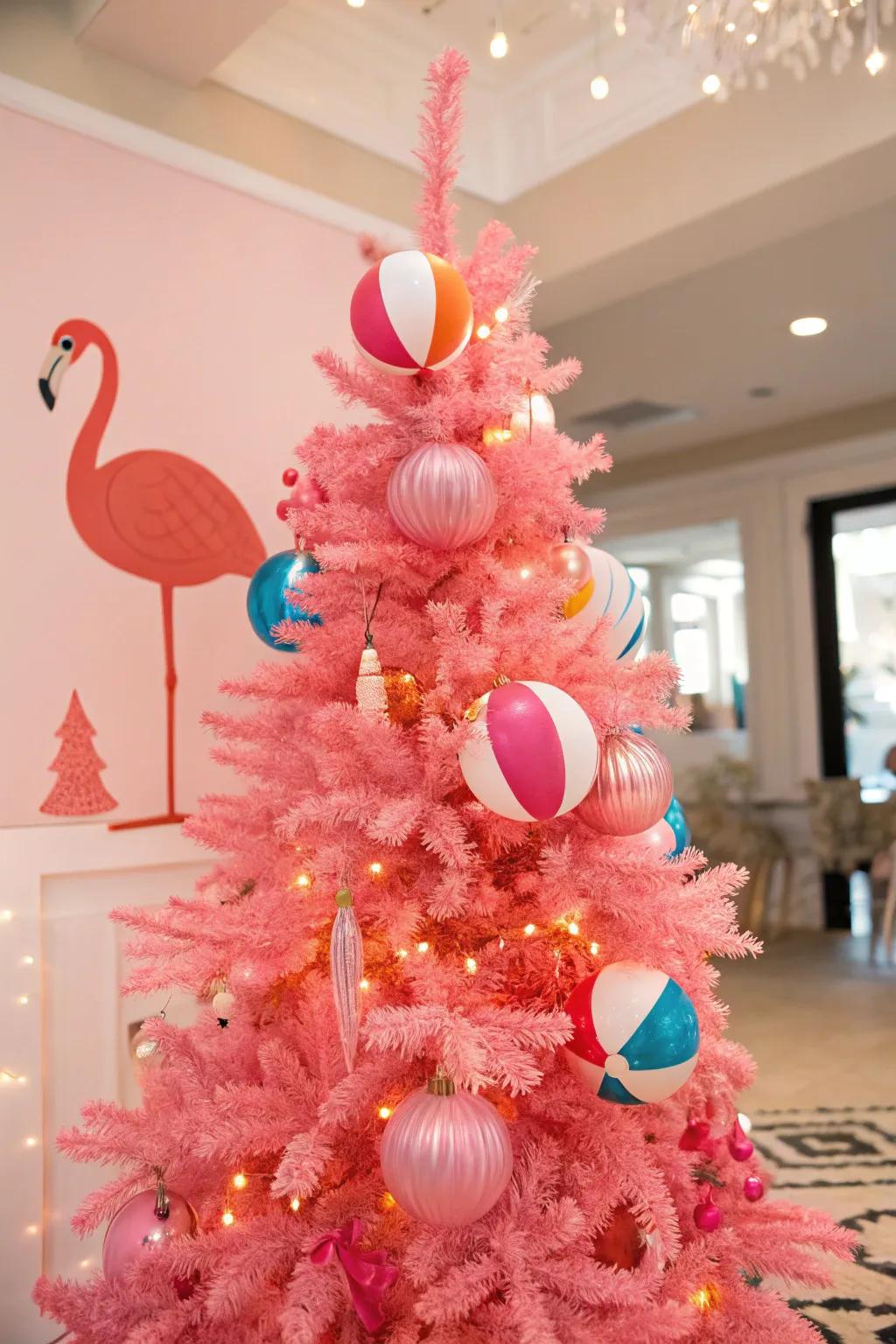 Unusual ornaments make this pink tree delightfully quirky.