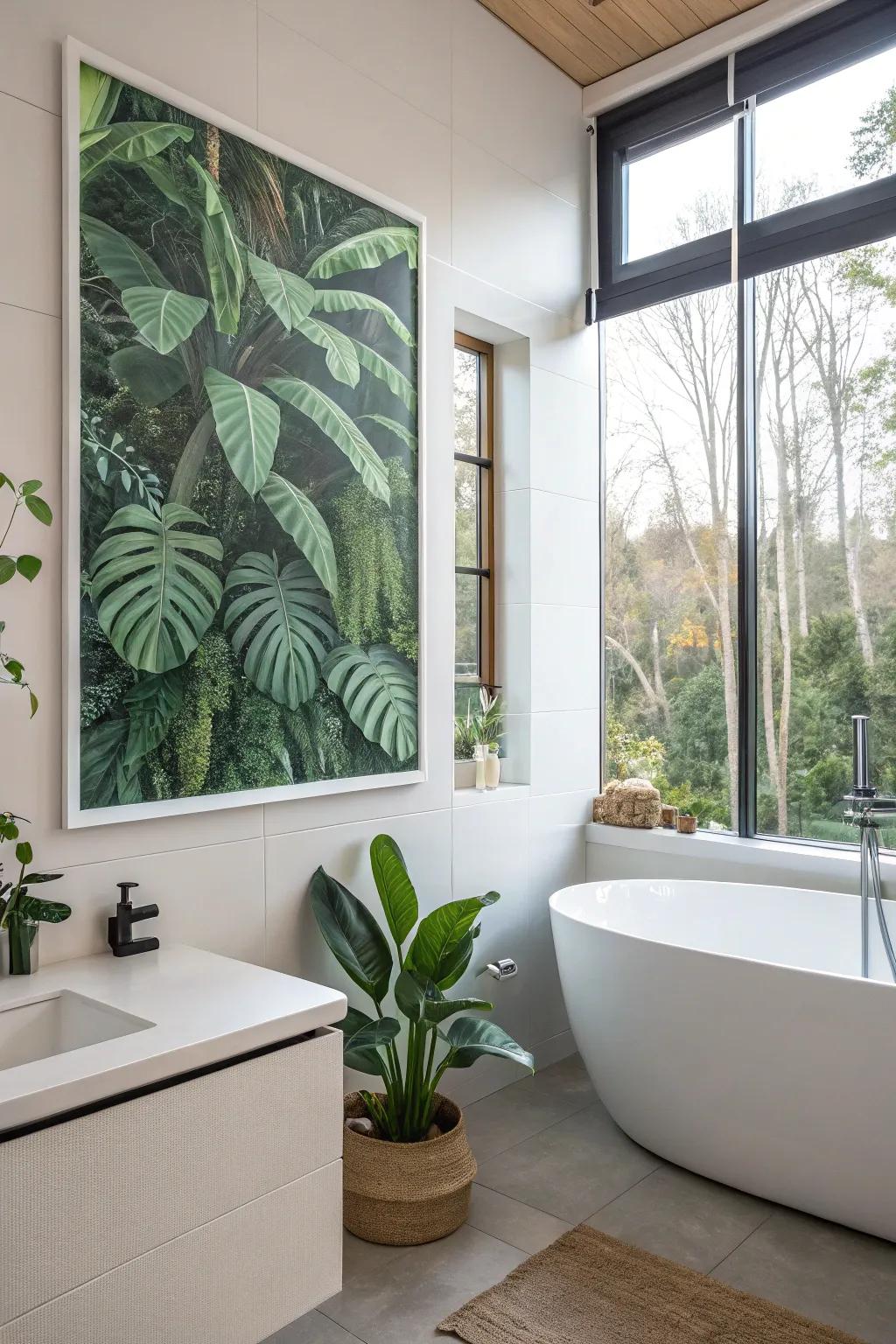 A botanical print adding a fresh feel to a bathroom with lush plant imagery.