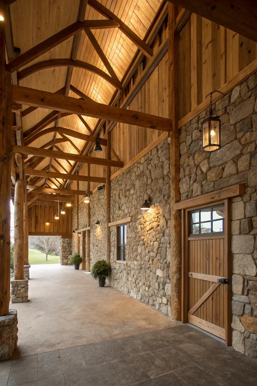 Natural elements in a pole barn with stone walls and timber beams.
