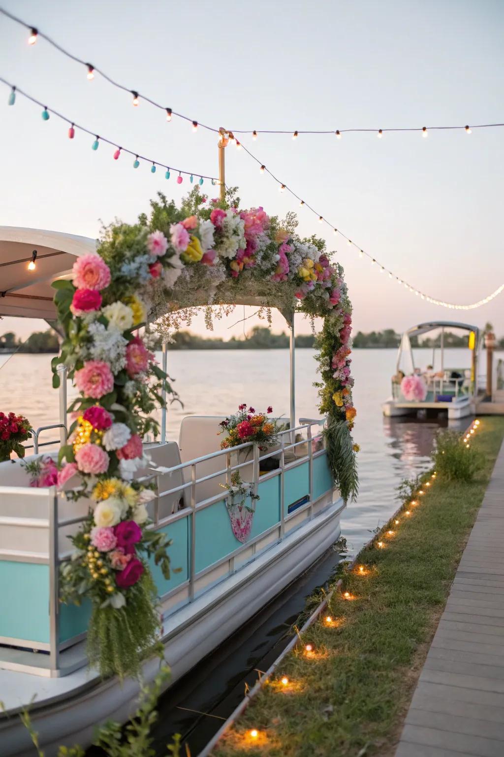 Garden party-themed pontoon boat blooming with flowers.