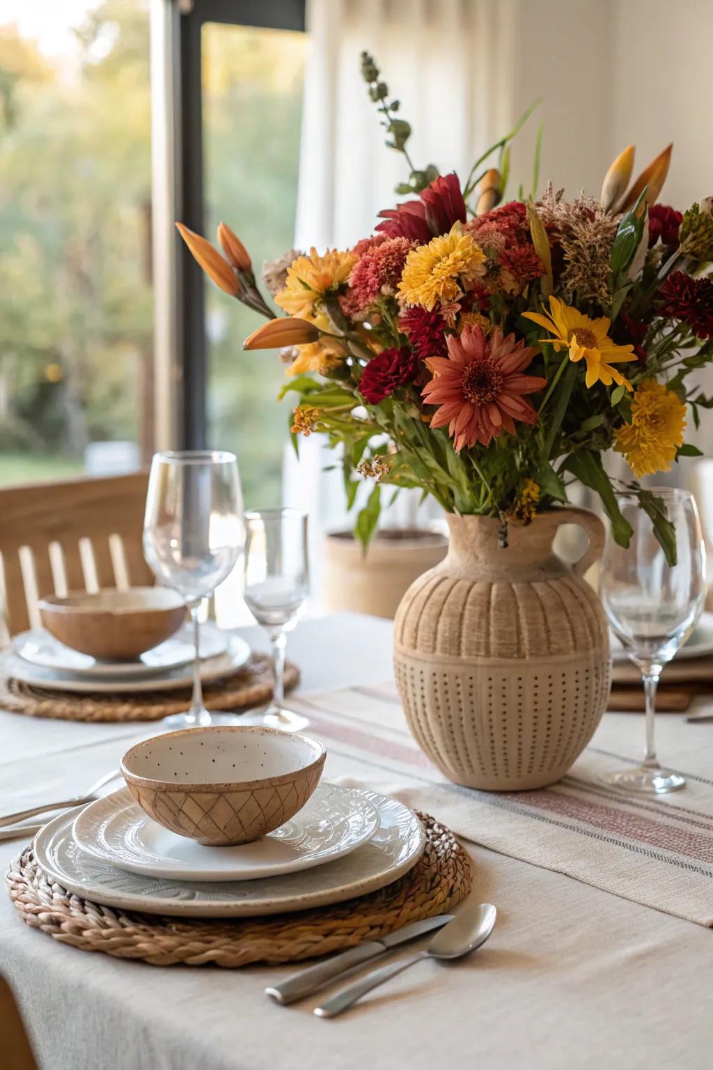 Pottery centerpiece featuring seasonal flowers on a dining table.