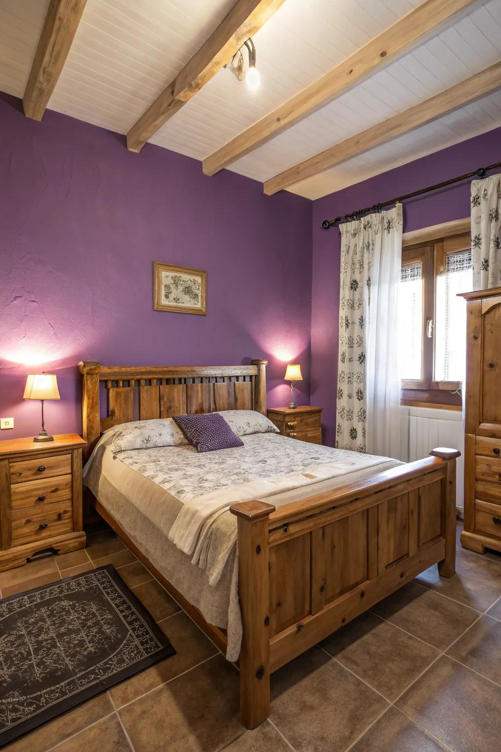 Rustic wooden elements adding charm to violet walls.