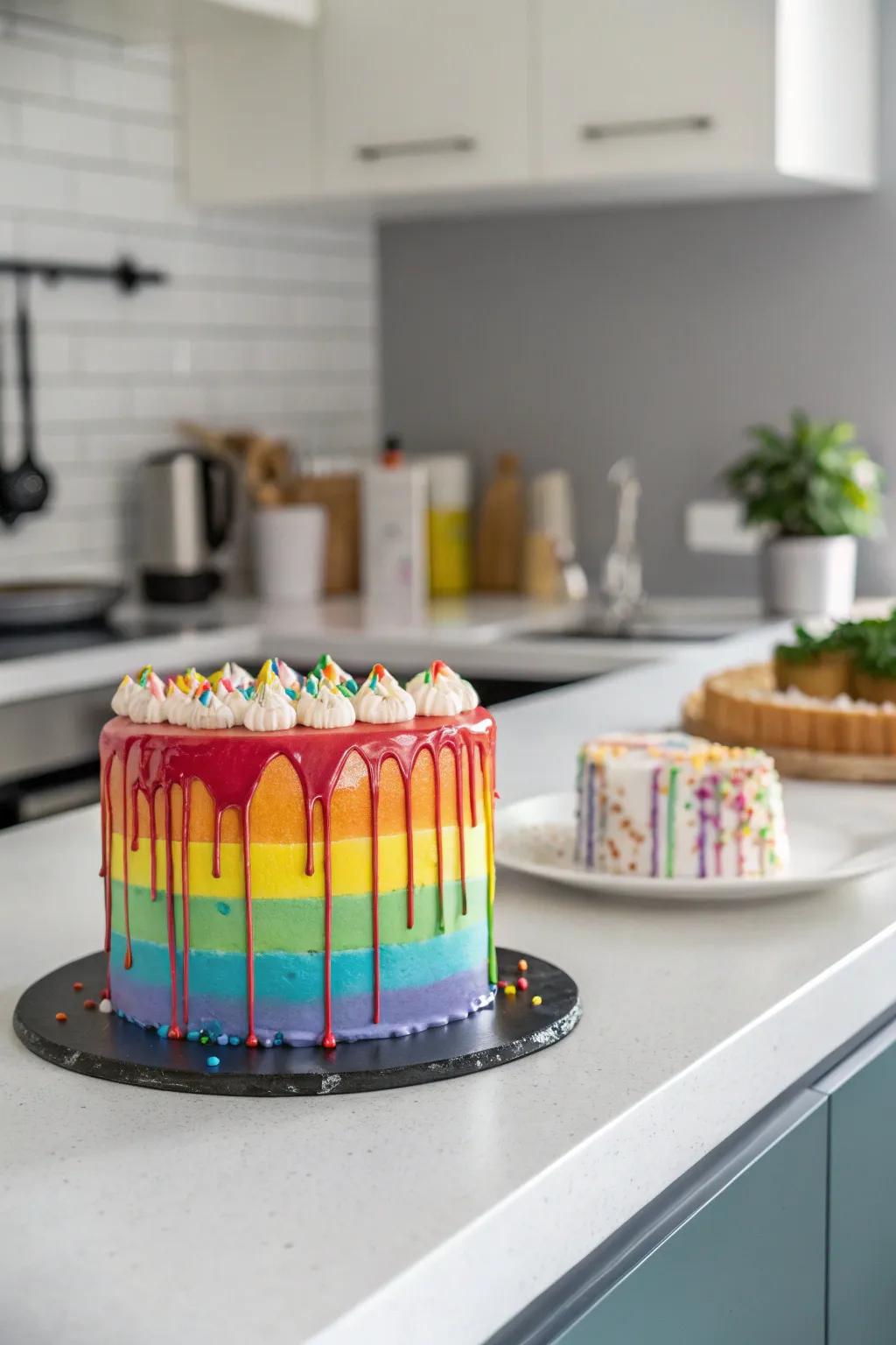 The rainbow drip cake offers a modern and artistic design.