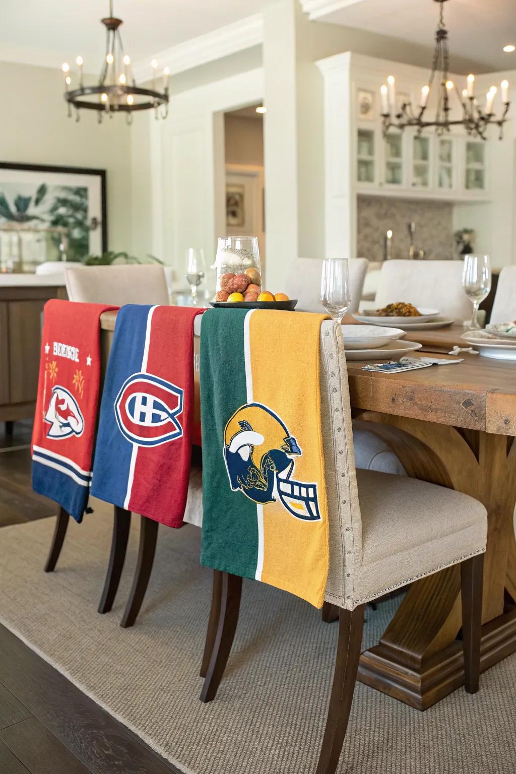 Add a sporty touch with rally towels on chairs.