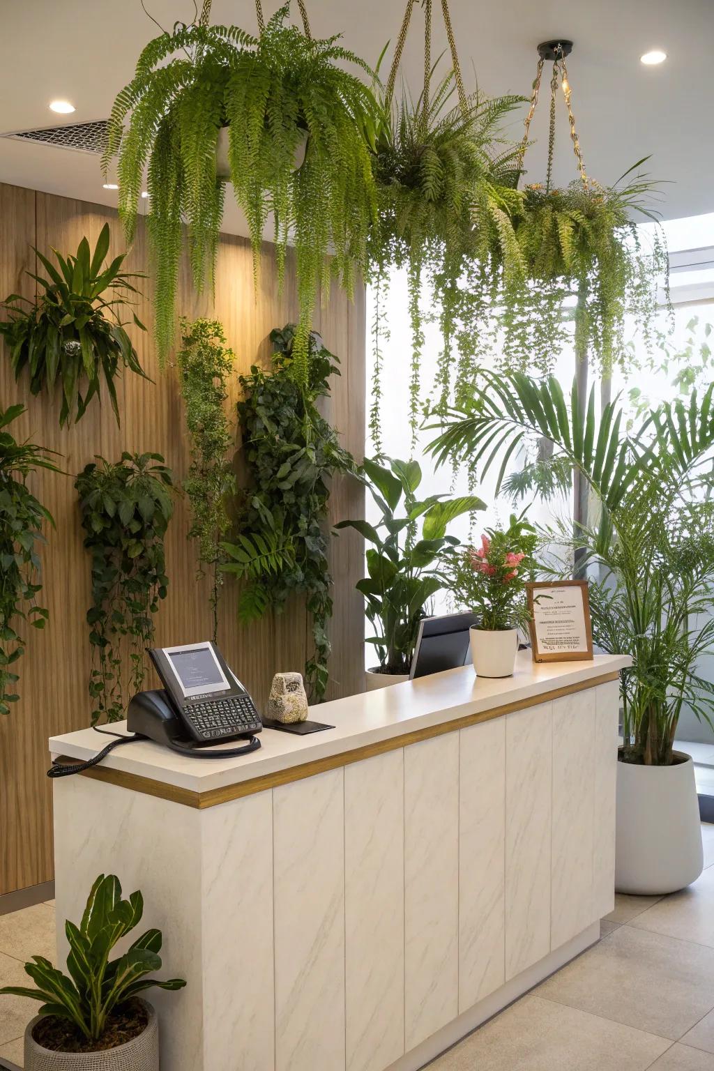 A reception area enhanced with lush greenery.