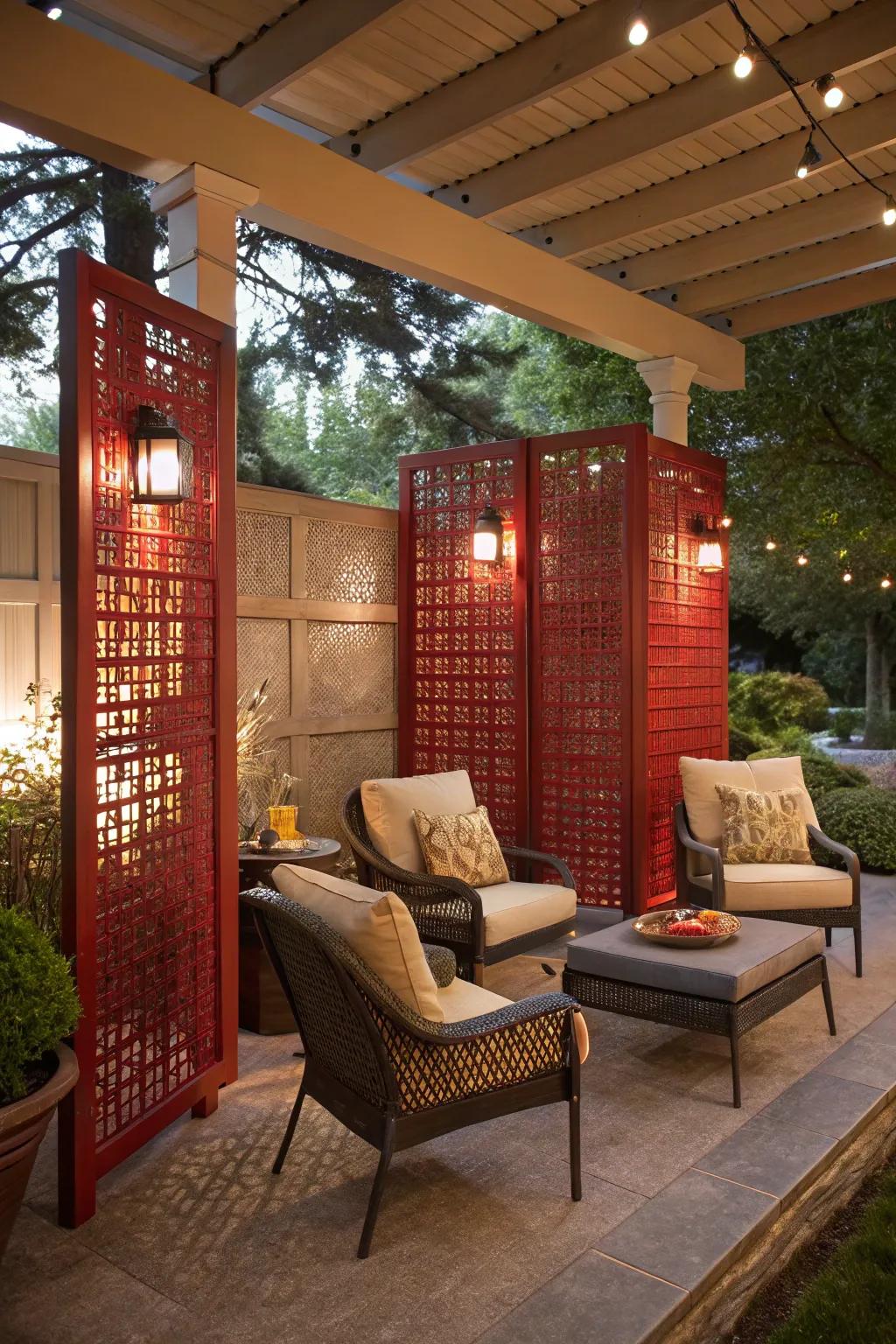 Red lattice screens offer privacy and style.