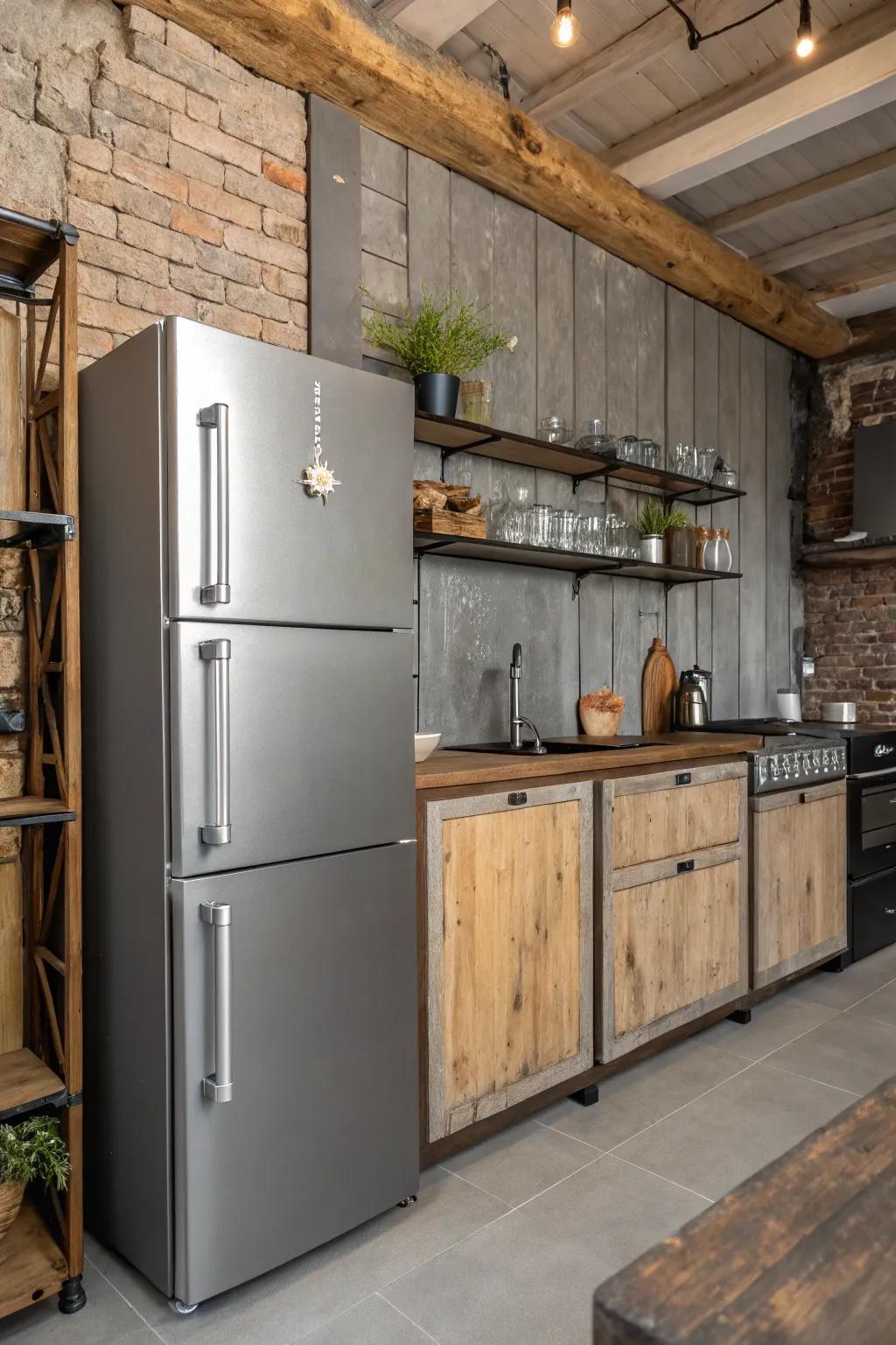 Industrial-style elements around the refrigerator bring a modern edge to the kitchen.