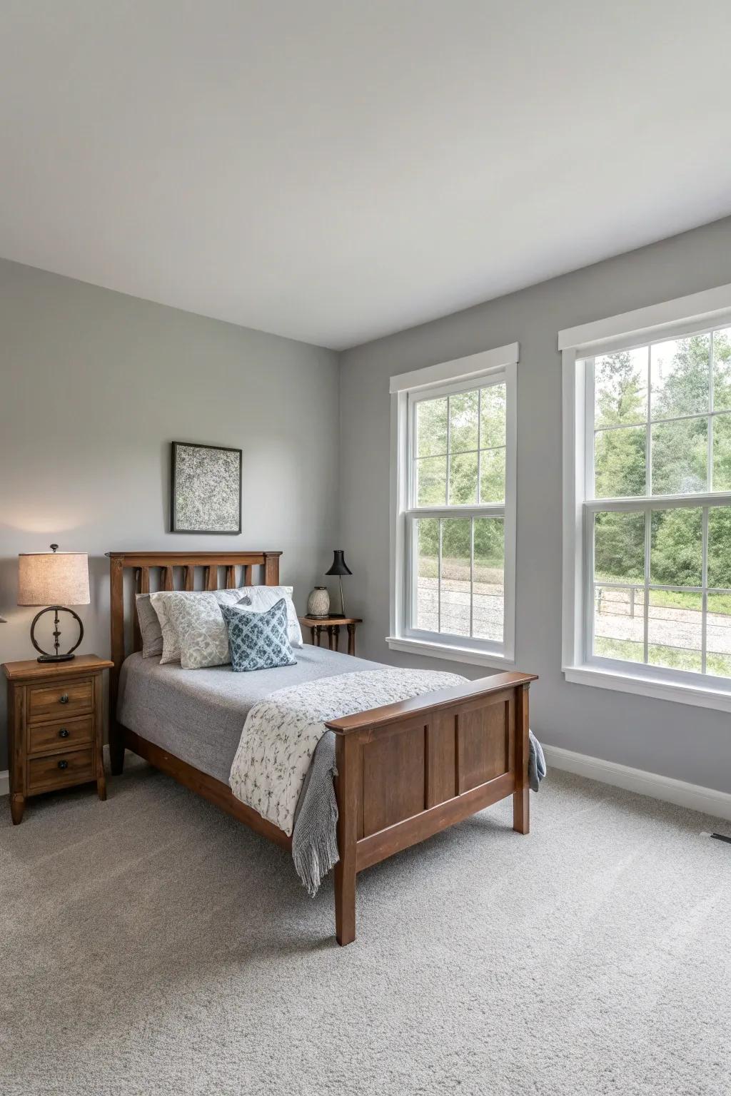 Minimalist decor creates a serene atmosphere in a Revere Pewter bedroom.