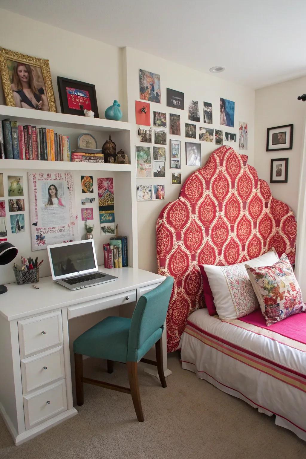 An eye-catching headboard incorporates elegance and distinctiveness to the room.