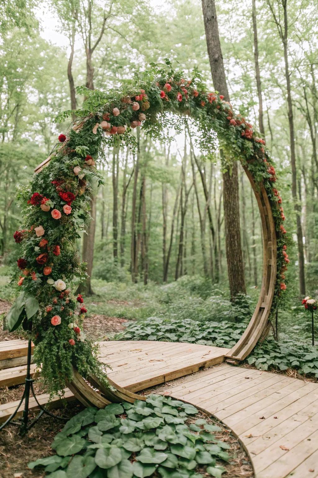 A rustic round wedding arch with a wooden frame.