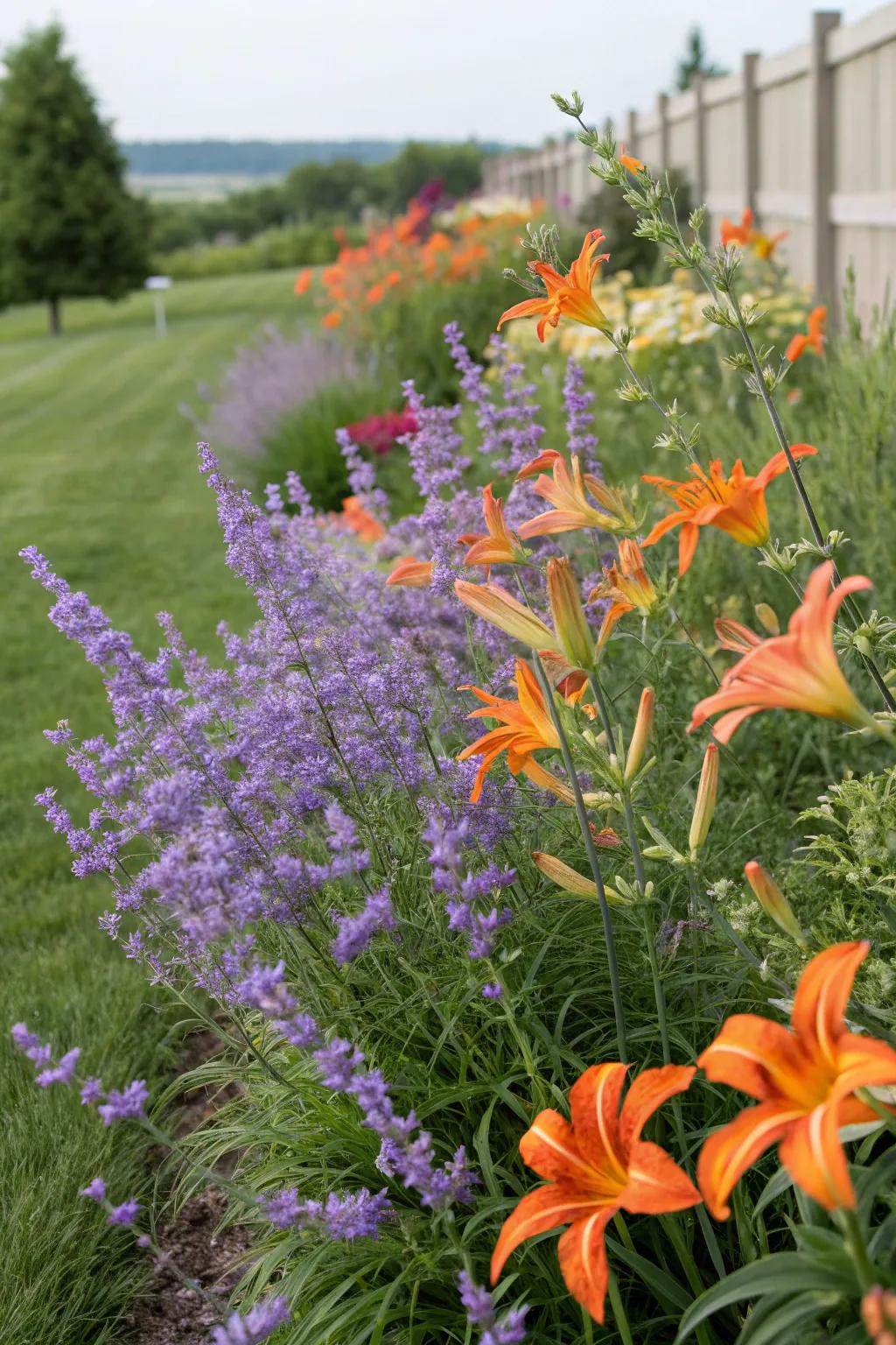 A bold and colorful garden featuring Silver Queen and sunset lilies.