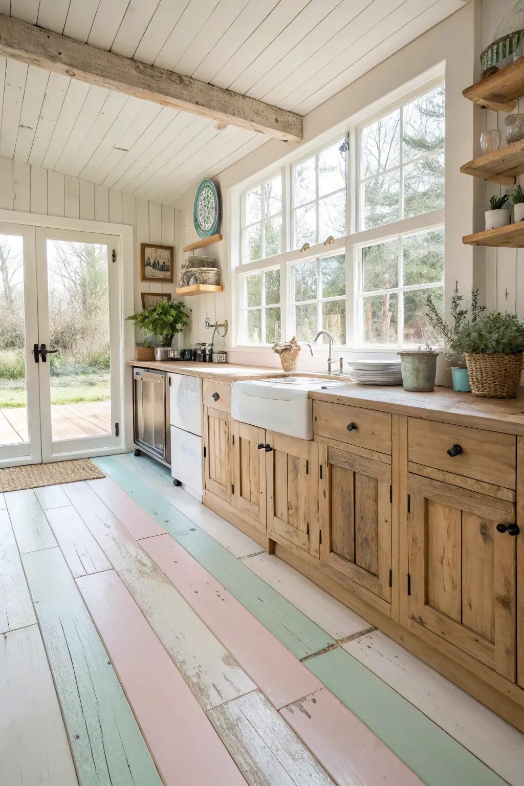 Painted wood floors offer a fresh twist on rustic style.