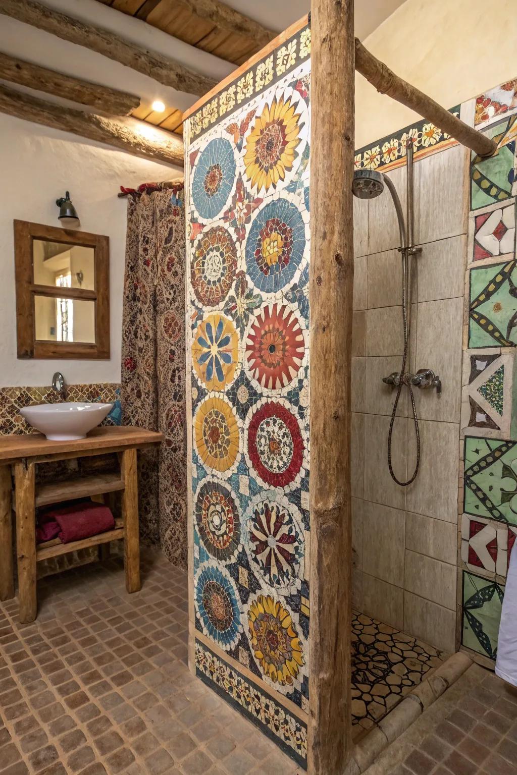 A rustic shower showcasing mosaic tile patterns that add color and intricacy.