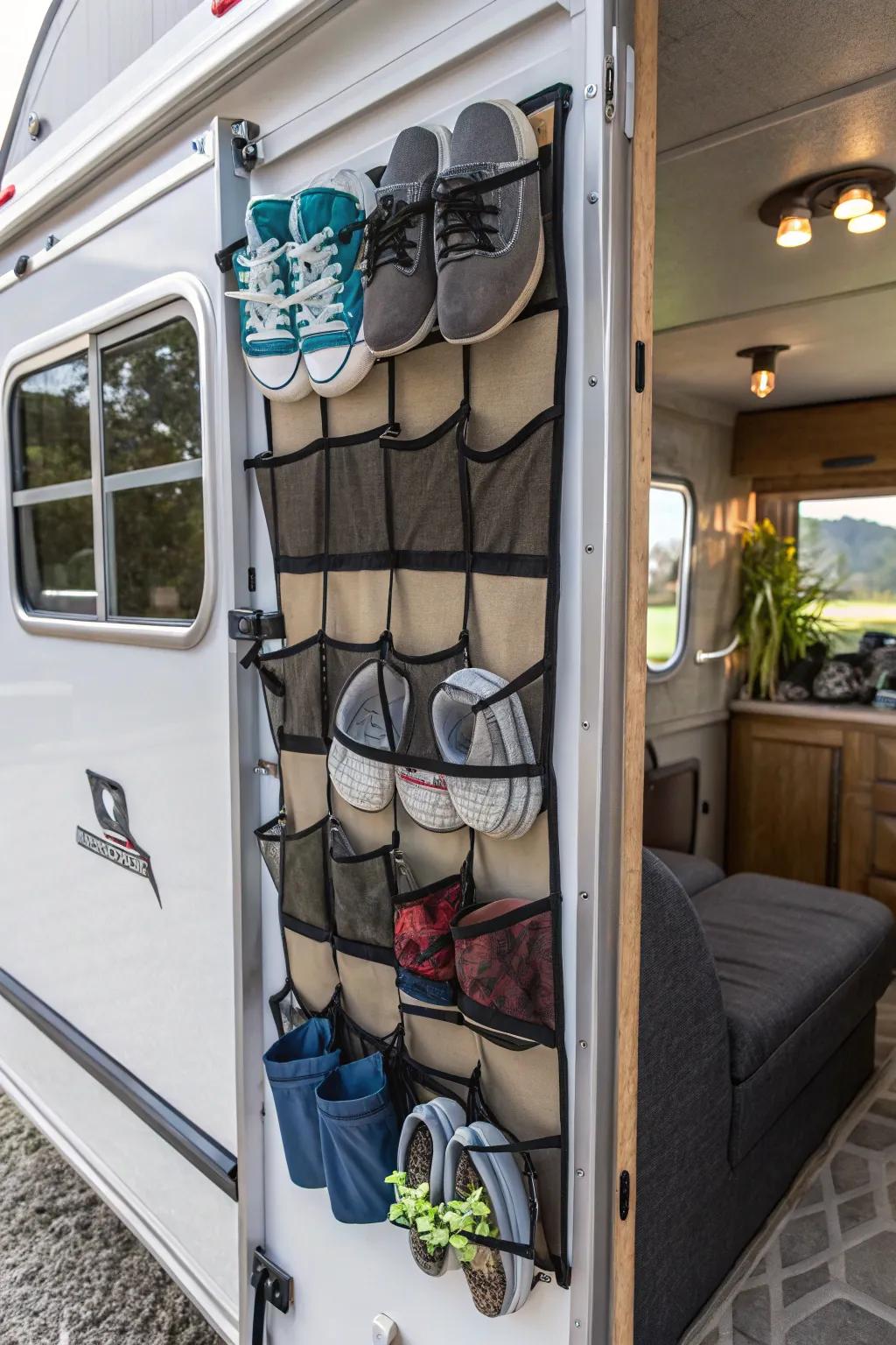 Use cargo nets for a unique and secure shoe storage solution.