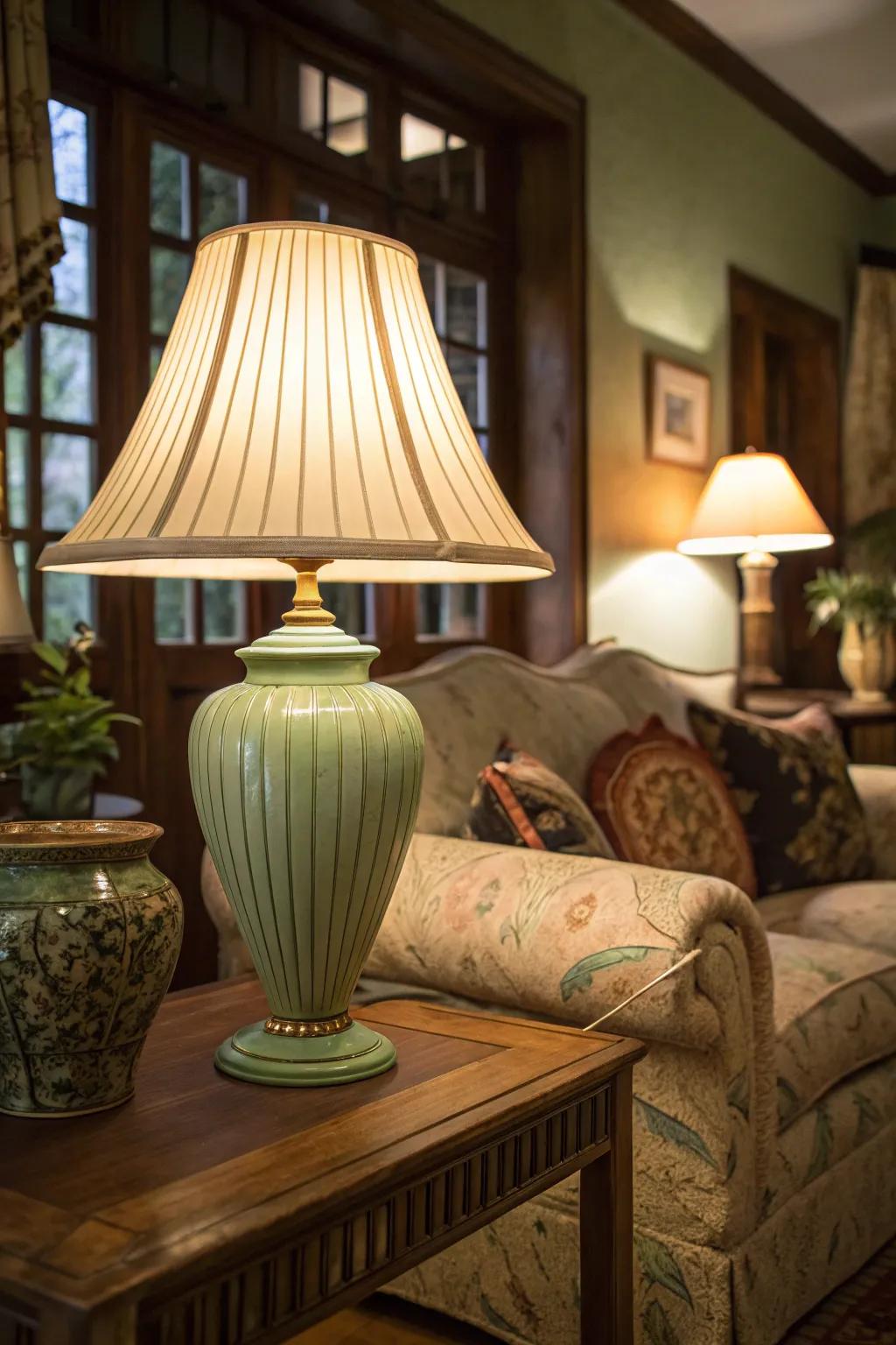 A cozy room illuminated by a soft sage green lamp.