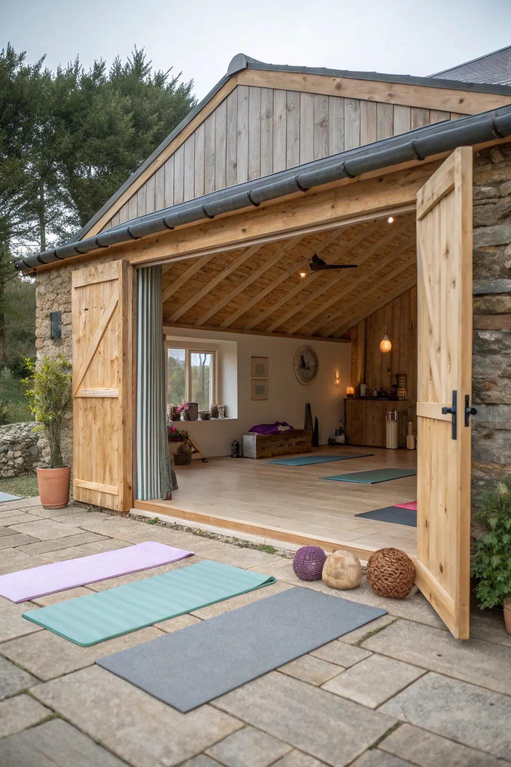 Design a serene yoga studio in your she shed with open space and natural materials.