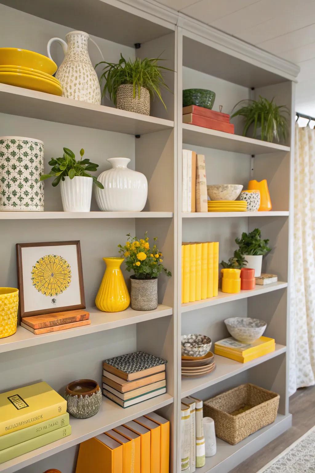 Shelves combining neutral tones with bright decorative accents.