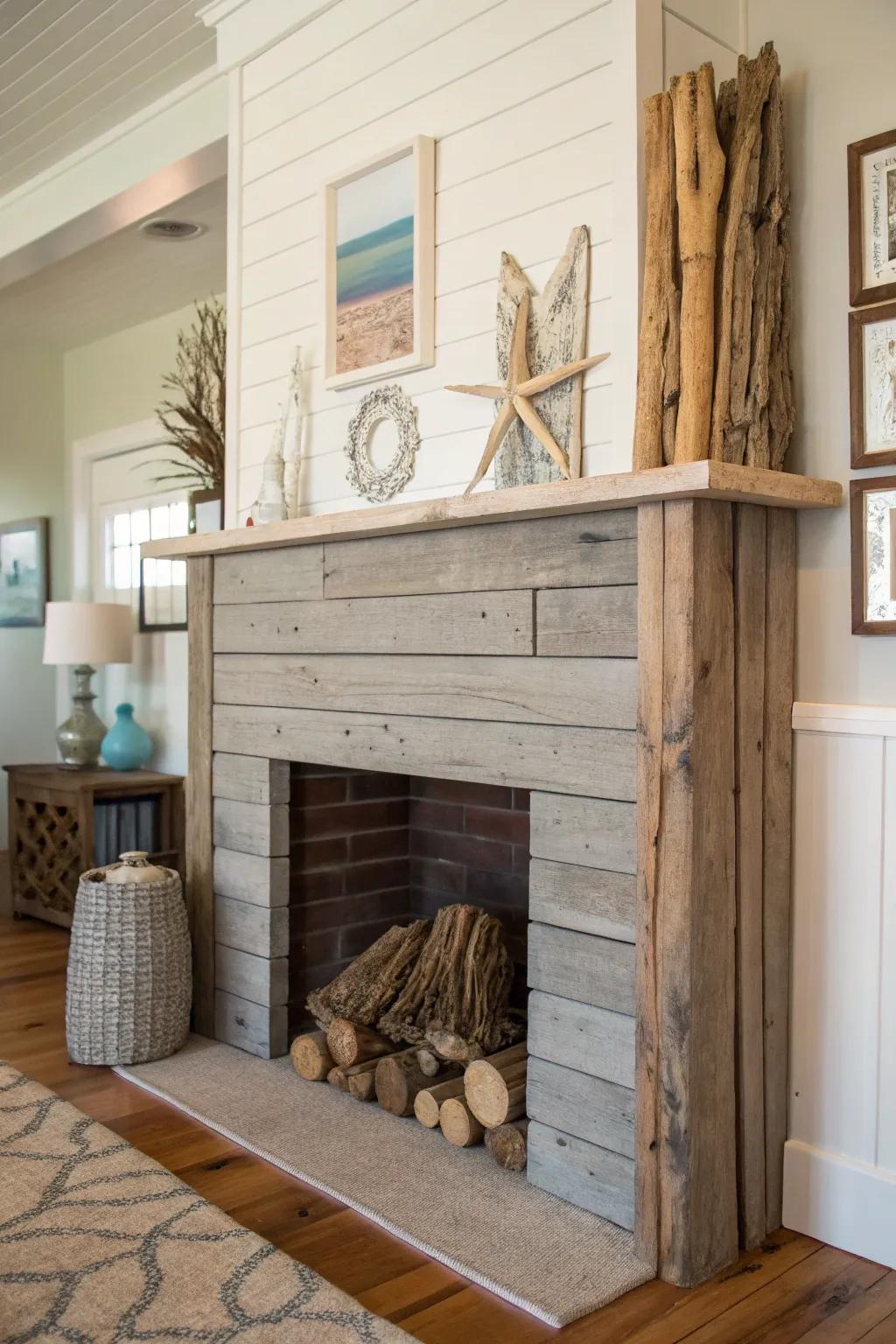 Coastal-themed shiplap fireplace offering a serene beach-inspired retreat.