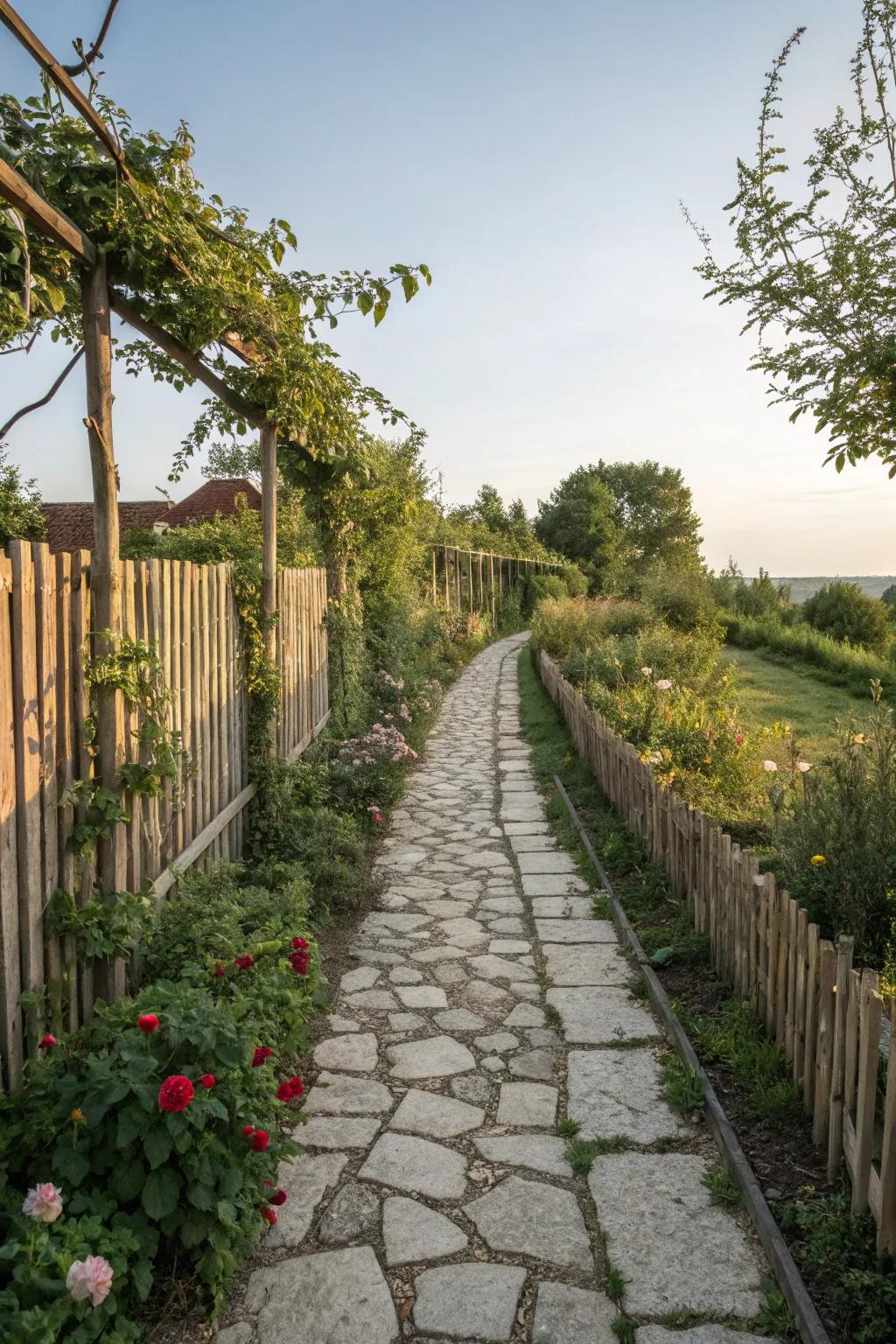 Stone walkways add refinement and practicality to fence border landscapes.