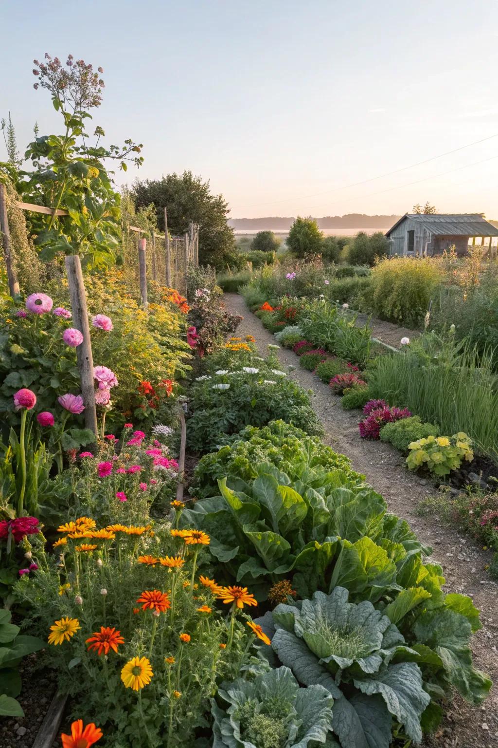 A harmonious mixture of ornamentals and edibles enriches the garden.
