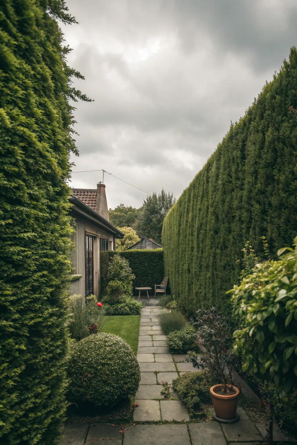 Privacy features like hedges create a secluded and tranquil space.