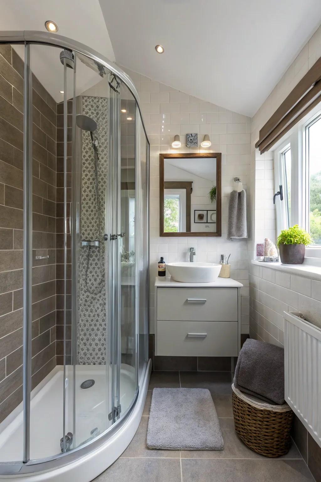 A curved shower frame can create a smooth transition in a compact space.