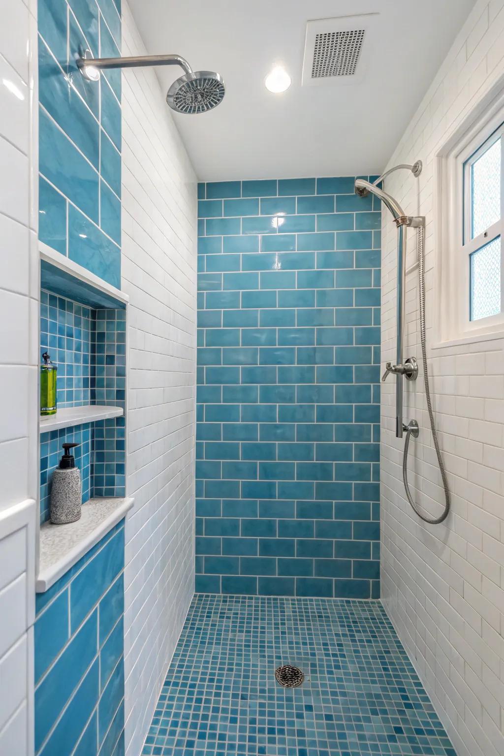 Blue accents provide a soothing, aquatic ambiance.