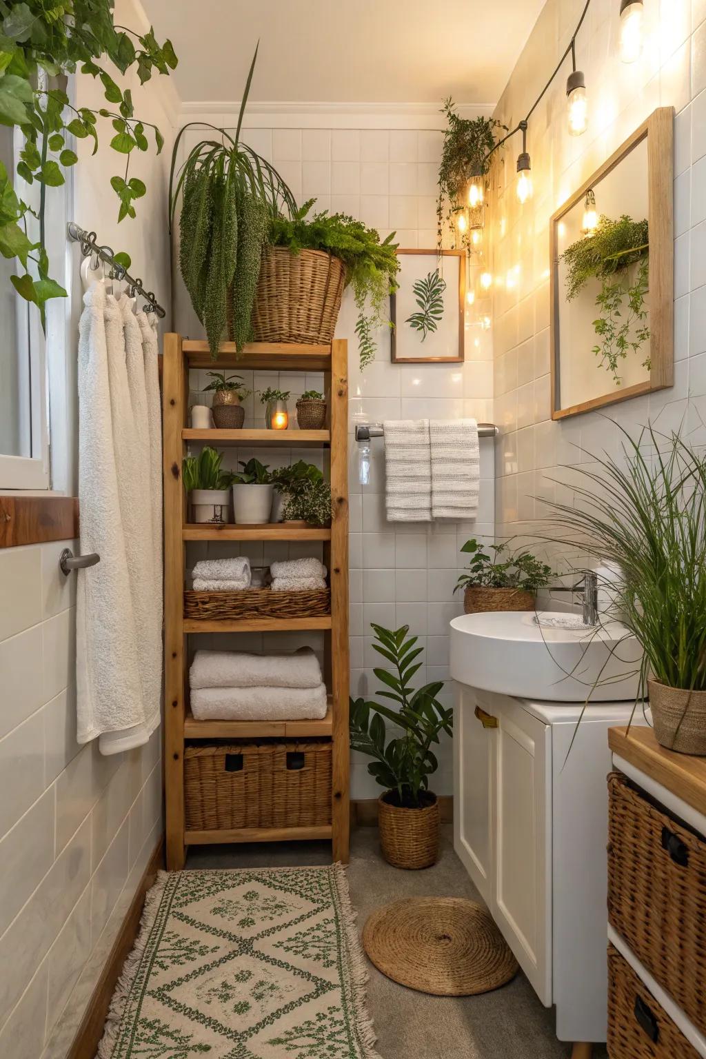 Plants add a revitalizing touch to areas where towels are kept.