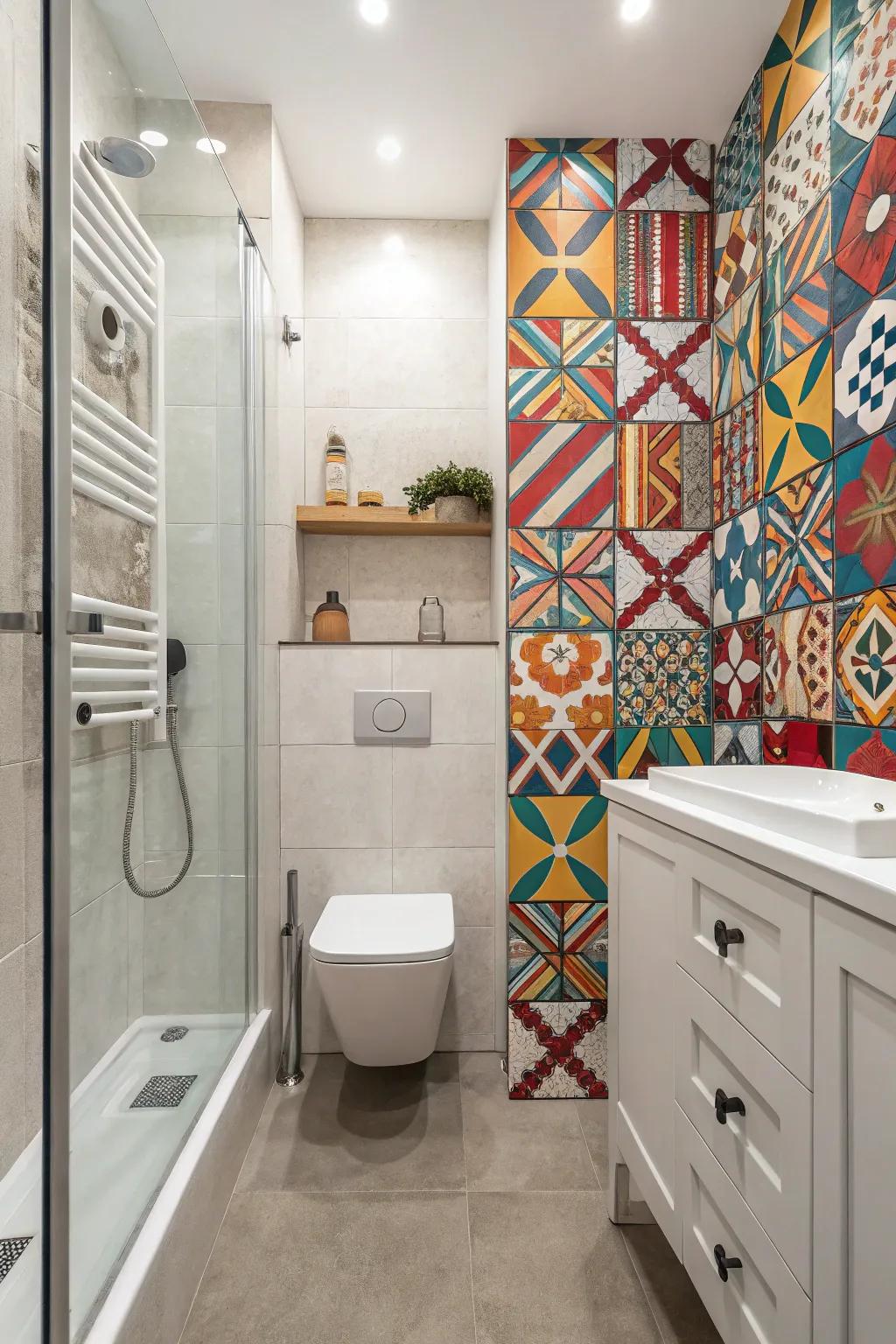 Highlight walls add depth and interest to compact bathrooms.
