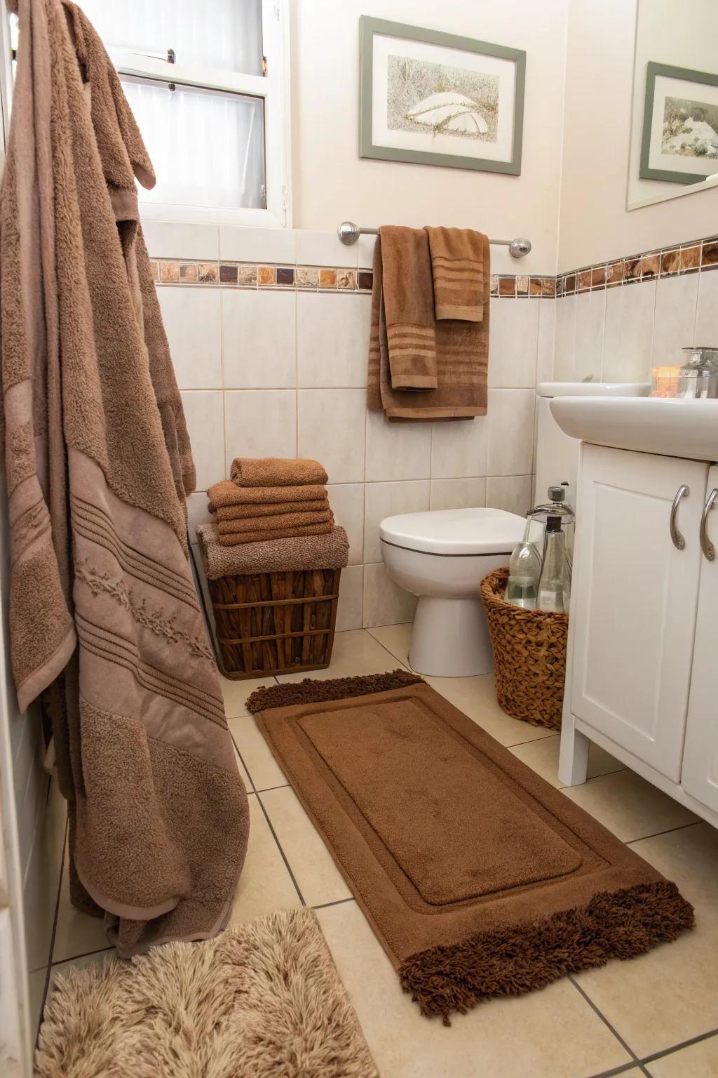 Soft brown towels and rugs add warmth and coziness.