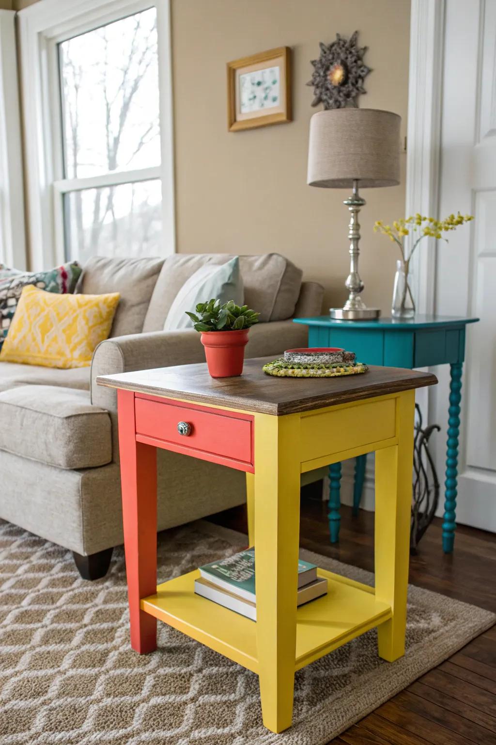 A colorful end table stands out in a neutral living room.