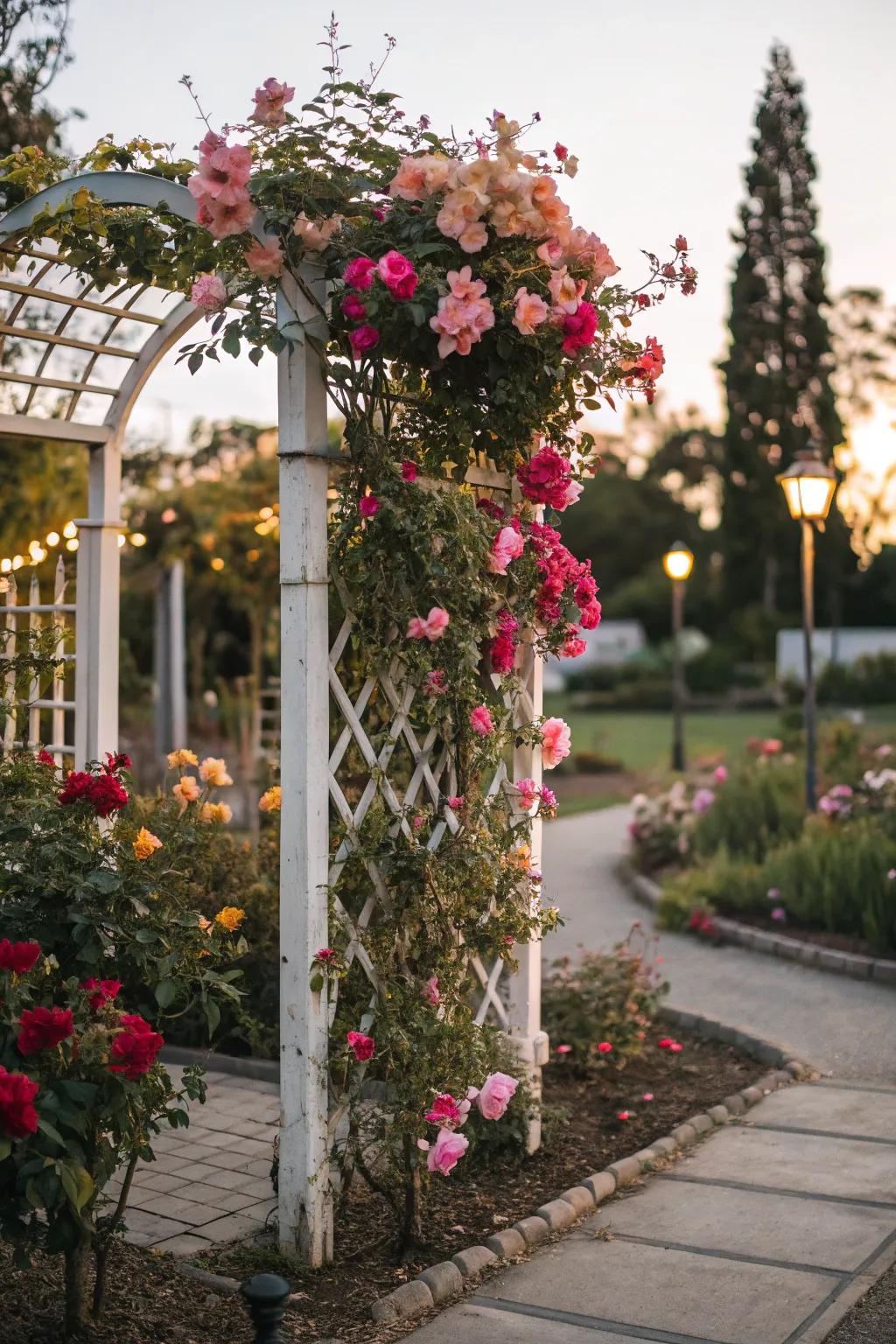 A small flower bed enhanced by a trellis with climbing blooms.