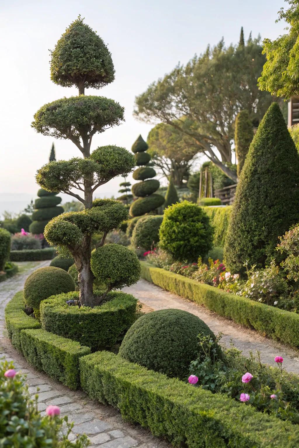 Miniature topiary hedges providing an artistic touch.