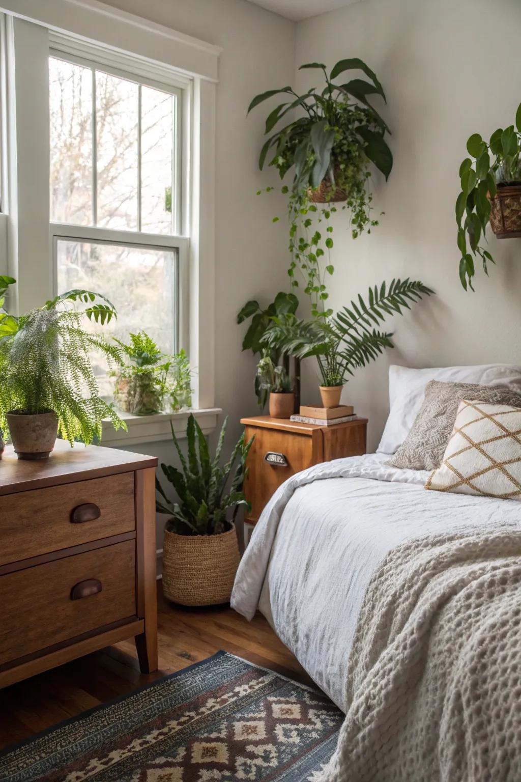 Indoor botanicals inject freshness into a small master bedroom.