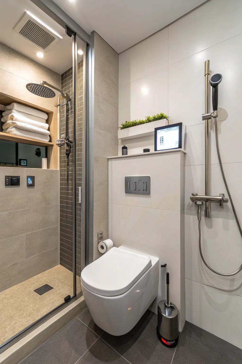 High-tech features introduce a touch of luxury to this small bathroom.