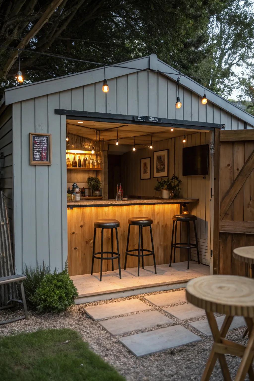 A stylish outdoor bar lounge in a small shed.