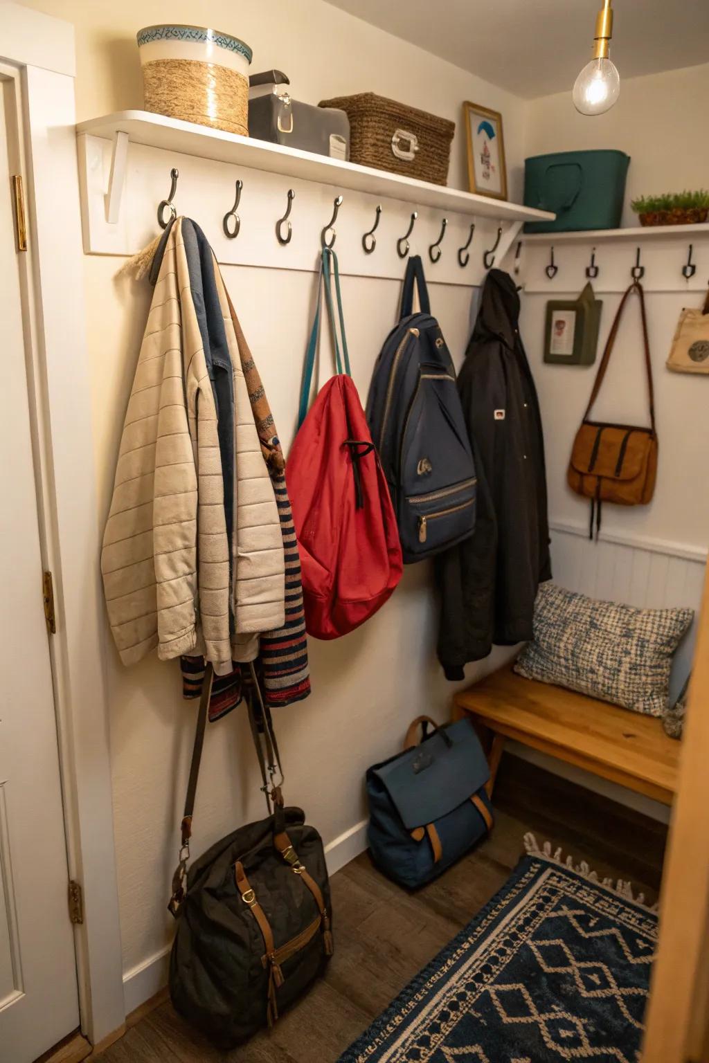 Wall hooks keep essentials organized and easily accessible.