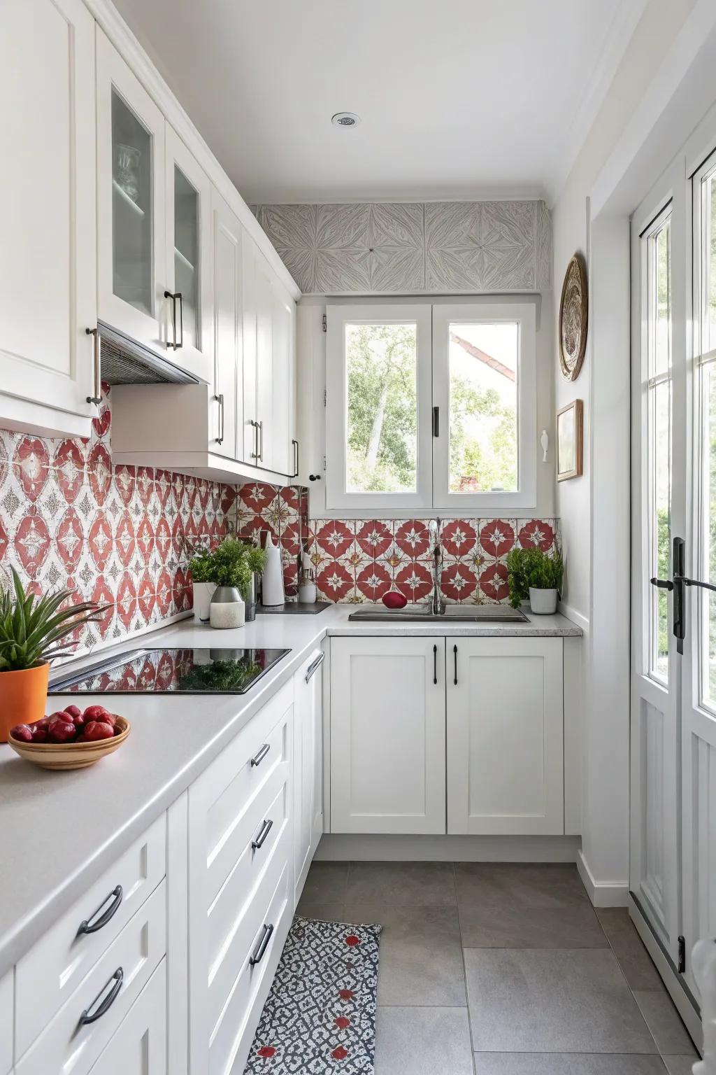 A bold focal point draws attention in a small kitchen.