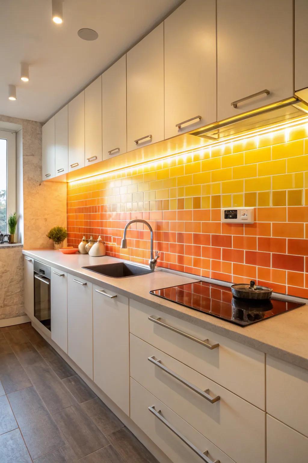 An ombre backsplash captures the beauty of a Southwest sunset.