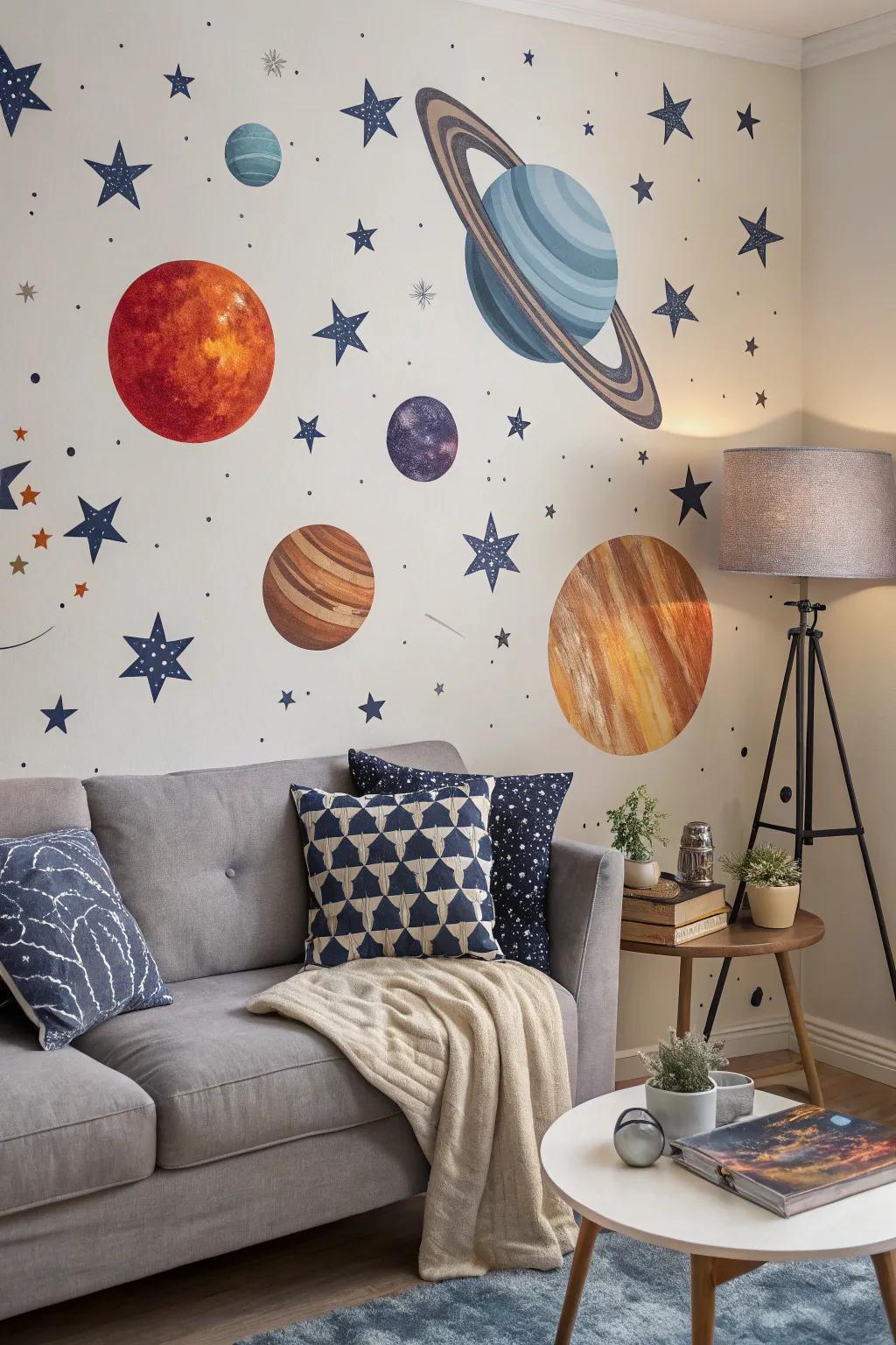 Galactic wall decals offer flexibility and ease of change.