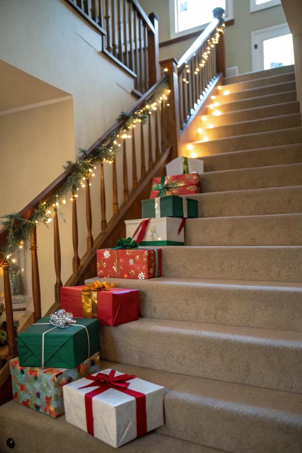 Wrapped gift boxes bring a playful touch to the staircase.