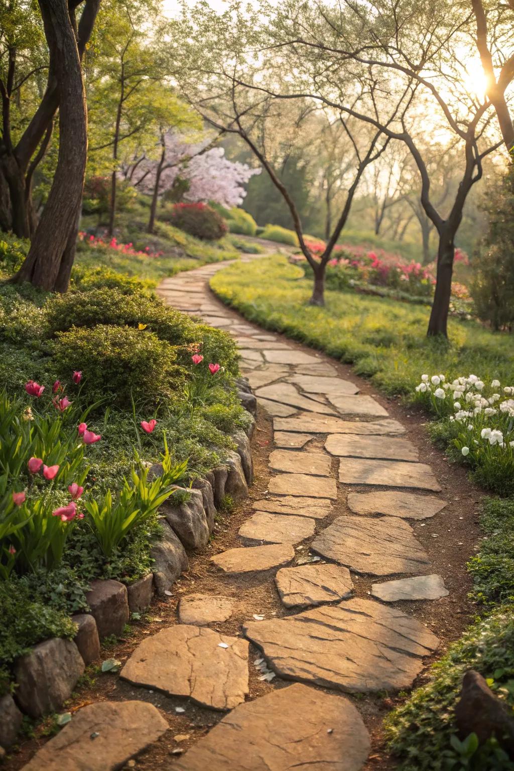 Warm-toned stones create a welcoming and cozy garden path.