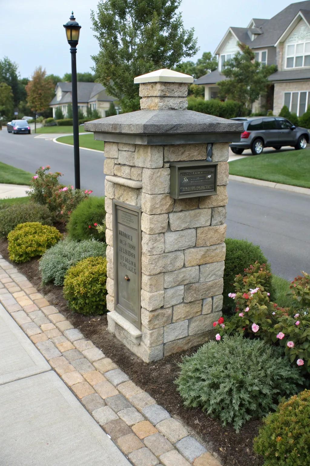 A stone mailbox pillar featuring a convenient package slot.