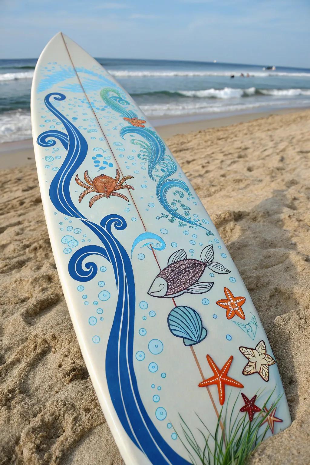A board capturing sea sensations with azure swells and marine life.