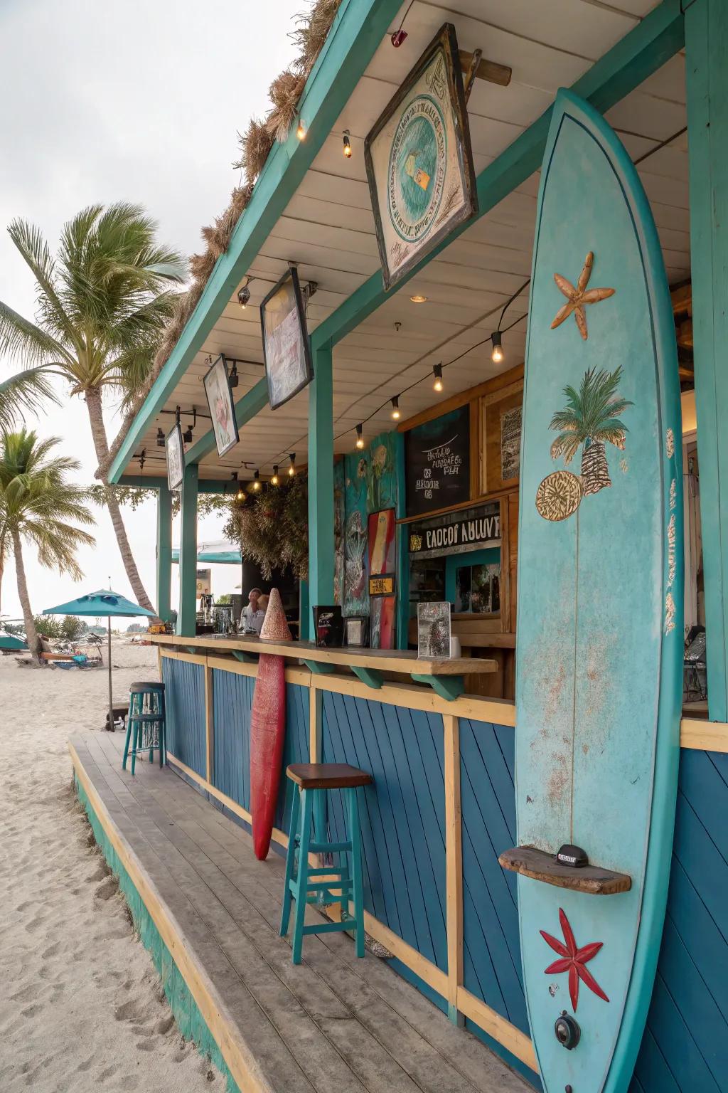 Beachfront-themed decor brings the ocean vibe to this backyard bar.